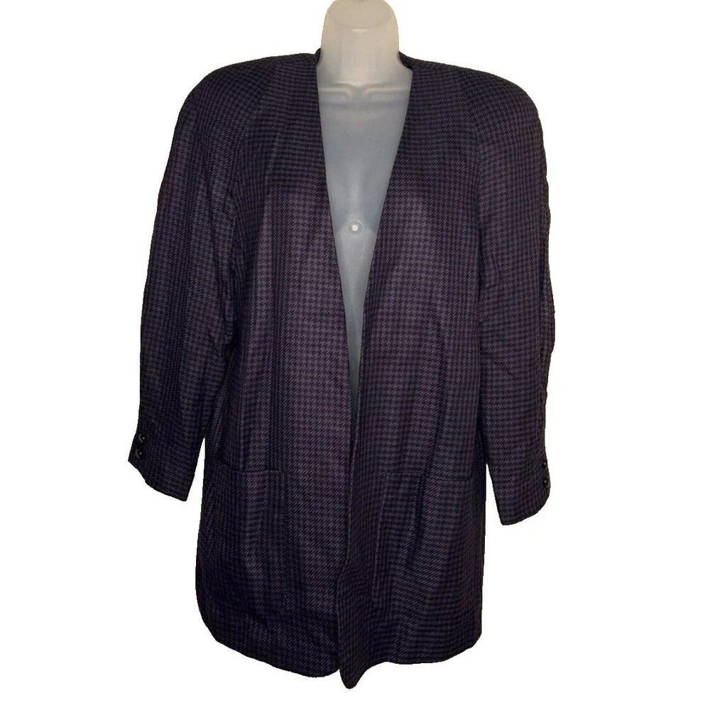 VTG Paul Stanley Women's Open Blazer Purple Black Houndstooth Size 8 Petite Long